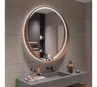 ZHANGshouf Miroir de Salle de Bain avec étagère, 3 Modes d'éclairage, Cadre en Bois Massif, Miroir Mural Circulaire (Bois, 60 cm/23,6 po)