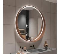 ZHANGshouf Miroir de Salle de Bain avec étagère, 3 Modes d'éclairage, Cadre en Bois Massif, Miroir Mural Circulaire (Noyer, 50 cm/19,7 po)