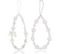 ZhangyiHot Lot de 2 bracelets de téléphone à perles blanches et violettes avec nœud papillon et fleur en cristal pour femme - Porte-clés - Décoration tendance