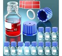 ZHANXUBIO GL25 Lot de 10 bouteilles rondes en verre de 25 ml avec bouchon à vis bleu GL25, anneau verseur en polypropylène et joint en silicone, autocollants