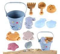 ZHAO GE Lot de 11 jouets de plage pour enfants en silicone, seau à sable, pelle, sirène, étoile de mer, coquillage, bac à sable arc-en-ciel, jeux de plein air, bleu