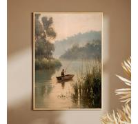 ZHAOLIN Affiche sur toile représentant un pêcheur en barque au coucher du soleil sur la rivière, un paysage serein minimaliste, décoration murale pour salon ou chambre (50 x 100 cm, sans cadre)