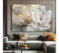 ZHAOLIN Grande impression sur toile florale moderne - Décoration murale élégante avec fleurs blanches et dorées pour salon, chambre et bureau, cadre intérieur 60 x 90 cm