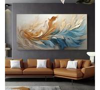 ZHAOLIN Impression sur toile moderne abstraite avec plumes bleues et dorées, tableau mural de luxe moderne, idéal pour la décoration intérieure du salon, cadre intérieur 70 x 140 cm