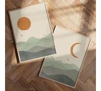 ZHAOLIN Impression sur toile paysage vert sauge soleil et lune, affiche murale géométrique abstraite du milieu du siècle pour décoration de salon moderne 30 x 50 cm x 2 cadres internes