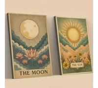 ZHAOLIN Lot de 2 affiches murales rétro sur toile, motif lune et soleil, avec éléments floraux, pour une décoration intérieure moderne (40 x 60 cm x 2 / sans cadre)