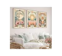ZHAOLIN Lot de 3 affiches murales vintage soleil, étoile et lune, style tarot, rétro bohème, floral et botanique, sur toile, pour la décoration du salon (60 x 80 cm x 3 / Toile tendue sur châssis)