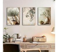 ZHAOLIN Lot de 3 impressions sur toile vintage représentant un olivier, style rustique italien, avec pots anciens et feuilles vertes, pour décoration murale, 30 x 50 cm, cadre intérieur inclus.