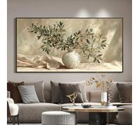 ZHAOLIN Tableau sur toile représentant un vase horizontal à branches d'olivier, nature morte botanique neutre, décoration intérieure vintage pour salon de style ferme (60 x 120 cm/cadre)
