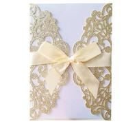 ZHAOQIN Faire Part De Mariage Lot de 10 Cartes d'invitation à Paillettes avec Ruban, Cartes de vœux, Mariage, Invitation, fête, baptême, Bar Mitzvah, décoration de fête(Golden)