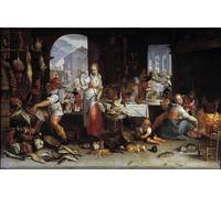 ZHAOSHAN Affiche Mur Art une femme fait tourner un poulet dans une cuisine remplie de nourriture par Joachim Wtewael ou Utewael Pour la Décoration de la Chambre à Coucher 60x90cm