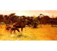ZHAOSHAN De Célèbres Tableaux Imprimer Affiche Toile Avec Image Orignal avec son veau dans un paysage - Wilhelm Kuhnert Impression Peinture Huile Pour la Décoration Murale 60x90cm