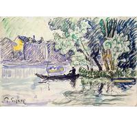 ZHAOSHAN De Célèbres Tableaux Paysage Toile Affiche Affiche De Arts Pêcheur dans une barque au bord de la Seine de Paul Signac Impression Peinture Huile Pour la Décoration Murale 60x90cm