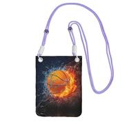 ZHAOUR Sac à bandoulière universel noir pour téléphone - Ballon de basket léger sur le feu et éclaboussures de flamme d'eau (sac à main, parfait pour le shopping et les activités de plein air, violet