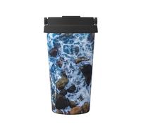 ZHAOUR Tasse à café isotherme avec couvercle à rabat, motif pierres de mer, 500 ml, tasse en acier inoxydable double couche