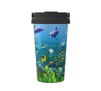 ZHAOUR Tasse à café isotherme Sea World Print Carry - 500 ml - Gobelet de voyage avec couvercle à rabat - Tasse en acier inoxydable double couche