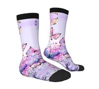 ZhaoYuGoods Chaussettes colorées et amusantes pour adultes pour homme et femme, magnifiques motifs papillons violets imprimés, chaussettes chaudes unisexes, 2 Noir-1, Taille unique