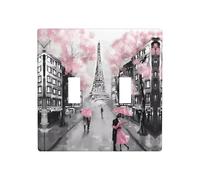 ZhaoYuGoods Plaque murale Paris Street Tour Eiffel rose à imprimé floral, double interrupteur à bascule, couvercle de prise de courant 2 interrupteurs 11,4 cm x 11,4 cm, plaque décorative en