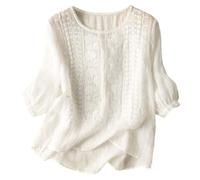 ZHAWEIYC Loisirs Printemps Été Rétro Lâche Design Sens Broderie Col Rond Mince Coton T-shirt Top Chemise Chemisier Femme Élégant Haut Femme, Blanc-A., XXXL