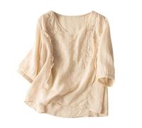 ZHAWEIYC Loisirs Printemps Été Rétro Lâche Design Sens Broderie Col Rond Mince Coton T-shirt Top Chemisier Femme, Beige B, XXXL