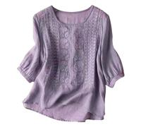 ZHAWEIYC Loisirs Printemps Été Rétro Lâche Design Sens Broderie Col Rond Mince Coton T-shirt Top Chemisier Femme, Violet., XXXL