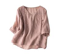ZHAWEIYC Loisirs Printemps Été Rétro Lâche Design Sens Broderie Col Rond Mince Coton T-shirt Top Chemisier Femme, Rose-B, XXXL