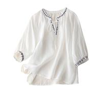 ZHAWEIYC Loisirs Printemps Été Rétro Lâche Design Sens Broderie Col Rond Mince Coton T-shirt Top Chemise Chemisier Femme Élégant Hauts Femmes, Blanc-E, XXXL