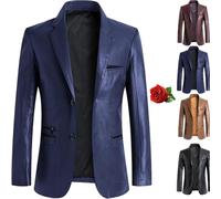 ZHCBAUA Veste blazer en cuir pour homme, coupe droite, boutonnée, doublure à revers en peau d'agneau, manteau de moto avec poches, bleu marine, 3XL