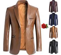 ZHCBAUA Veste blazer en cuir pour homme, coupe droite, boutonnée, doublure à revers en peau d'agneau, manteau de moto avec poches, marron, L