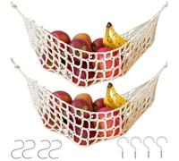 Zhdbchyuu 2-Pack Hanging Fruit Hammock with Hooks - Macrame Under Cabinet Veggie Banana Basket, Hand-Woven Boho Fruit Holder