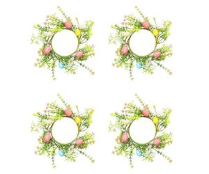 Zhdbchyuu 4 Pack Easter Egg Candle Rings Wreath with Daisy Flower Spring Egg and Pastel Pip Berry Candle Rings Holder Wreaths 4"