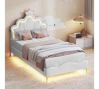 ZHDOKA 90 x 190 cm Lit de princesse, lit fille avec LED, lit rembourré avec tête de lit couronnée réglable et sommier à lattes, lit simple fille, lit chambre fille, sans matelas, blanc