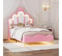 ZHDOKA 90 x 190 cm Lit de princesse, lit fille avec LED, lit rembourré avec tête de lit couronnée réglable et sommier à lattes, lit simple fille, lit chambre fille, sans matelas, rose