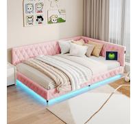 ZHDOKA Canapé-lit rembourré 140x200cm, avec éclairage LED et Port USB, lit de Jour, Multifonction, avec sommier à Lattes, pour Enfants, Adultes, invités, Adolescentes et Filles, Tissu Velours (Rose)