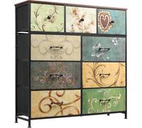 ZHDOKA Commode 9 Tiroirs, Style bohème Meuble Tiroir avec Dessus en Bois, Coloré Meuble Tiroir De Rangement, Commode en Tissu Chambre pour Placard,Salon,Chambre D’Enfant ou Couloir