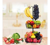 ZHDOKA Corbeille à fruits à 2 niveaux, bol à fruits en métal noir avec cintre à banane, panier à pain, support à fruits, plateau à fruits pour pain, oignons, pommes de terre