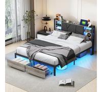 ZHDOKA Lit Coffre avec Sommier Métal et Bois,Tête de Lits avec Rangement et USB,Cadre de Lits avec LED,Lit Double Moderne avec 2 Tiroirs au Bout du Lits pour Adulte et Adolescents (Noir, 160x200cm)