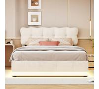 ZHDOKA Lit Double avec Éclairage LED sous Le Couchage,140x200cm, lit Fonctionnel avec tête de Lits et Espace de Rangement, Lits Coffre avec Sommier à Lattes pour Adultes et Adolescents, Beige,Velours