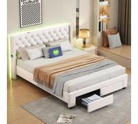 ZHDOKA Lit Double avec LED et USB, Lit Coffre avec 2 Tiroir au Bout du Lits, LIt Capitonné avec Sommier à Lattes en Bois, Cadre de Lits avec Tête pour Adultes, Adolescents, Beige Velours (140x190cm)