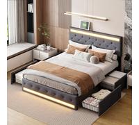 ZHDOKA Lit Double rembourré avec USB et Tête et Pied LED, Lit capitonné avec 4 tiroirs en Métal et sommier à Lattes, Lits 2 Personnes pour Adultes et Adolescents, Tissu de Lin (Gris foncé, 140x190cm)