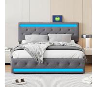 ZHDOKA Lit Double rembourré avec USB et Tête et Pied LED, Lit capitonné avec 4 tiroirs en Métal et sommier à Lattes, Lits 2 Personnes pour Adultes et Adolescents, Tissu de Lin (Gris foncé, 140x200cm)