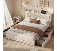 ZHDOKA Lit double rembourré, lit de rangement avec 4 tiroirs, tête de lit avec éclairage LED et USB, structure en métal avec sommier à lattes, sans matelas, beige velours (160 x 200 cm)