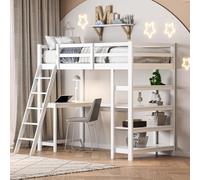 ZHDOKA Lit Mezzanine pour Enfant 90x200cm, 4 Compartiments de Rangement et Un Plateau de Table, lit Enfant en pin avec escalier, Lit loft Moderne avec Garde-Corps et sommier à Latte, Blanc