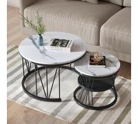 ZHDOKA Lot de 2 Tables Basses Gigognes,Table Basse Moderne Ronde pour Salon, Imitation Marbre Table Basse avec Structure en métal,Table d'Appoint avec Rangement pour Appartement,Bureau (B)