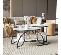 ZHDOKA Lot de 2 Tables Basses Gigognes, Table de Salon Gigogne avec Rangement Ensemble de Table Basse avec Cadre Métallique Aspect marbre,Table d'appoint Moderne (Ovale+Ronde, Noir + Blanc)