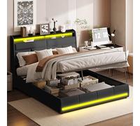 ZHDOKA Modernes Doppelbett mit LED, 160x200cm, Praktischer Bettrahmen mit Stauraum und Lattenrost, Polsterbett mit Stauraum Kopfteil, Stauraumbett, Jugendbett, Noir PU, Ohne Matratze