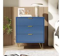 ZHDOKA Table de Chevet avec 3 Tiroirs, Commode Bleue avec Pieds dorés et Motif Vertical, Armoire d'appoint multifonctionnelle, Table de Nuit pour Chambre à Coucher, Salon, 60 x 40 x 70 cm