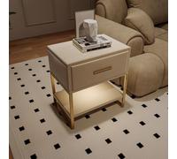 ZHDOKA Table de Chevet Lot de 2 avec 1 Tiroir, Table de Chevet avec Pieds et Poignées en Métal Doré, Petite Tables d'Appoint Style Moderne avec LED, Meuble de Rangement pour Salon,Beige, 40x31x50cm