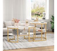 ZHDOKA Tables Basses Gigognes Lot de 2, Table Basse Moderne Ronde et Ovale, 2 en 1 avec Espace de Rangement, Aspect marbre, Cadre en métal, Table d'appoint pour Salon, Balcon et Bureau (Doré)
