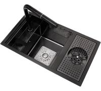 ZHENCHAO Évier de Cuisine en Acier Inoxydable avec Lave-gobelet caché, Nano évier Central, Mini lavabo Simple avec Robinet extractible Chaud et Froid (Couleur : Noir, Taille : 58 x 26 cm)